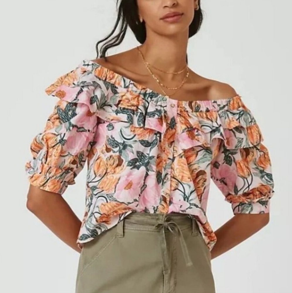 ๐๏ธ Anthropologie Cecilia Pettersson Floral Print with Elastic Shoulder Top. NWT - Picture 1 of 12
